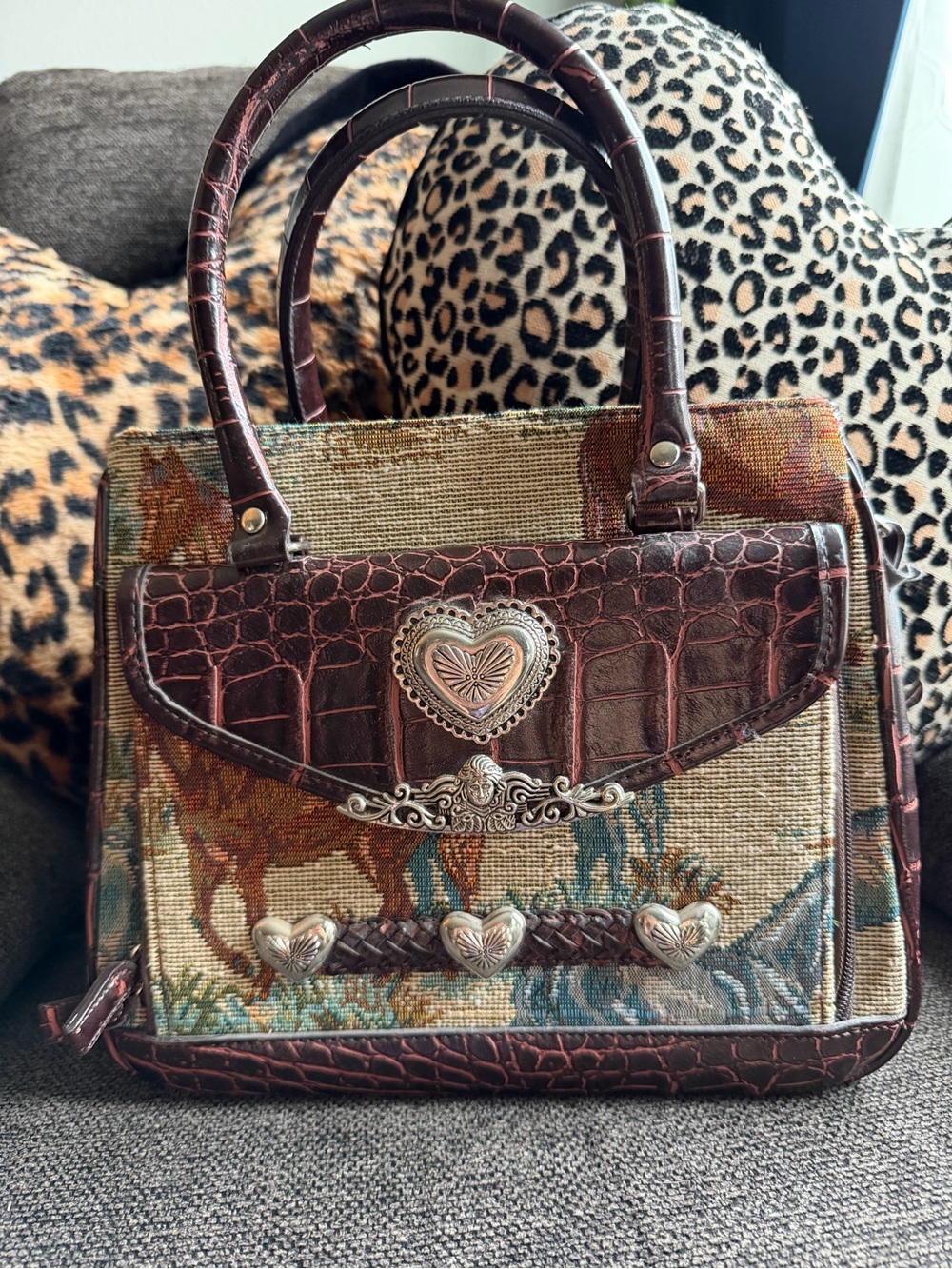 Retro horse tapestry purse with bold silver embellishments